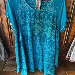 Johnny Was Teal Floral Embroidered V-Neck Tunic